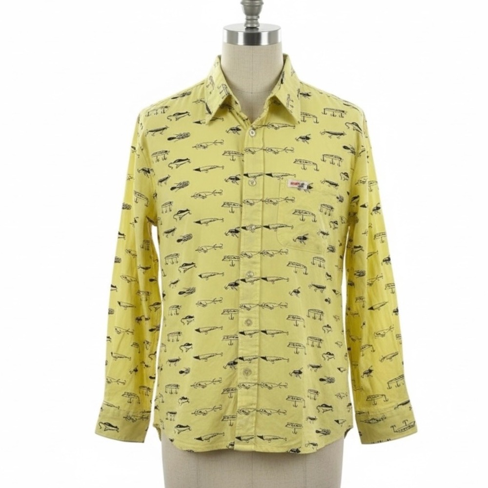 Birdie Men Fishing Lure Print Button‎ Down Shirt Yellow Long Sleeve XL USA Made